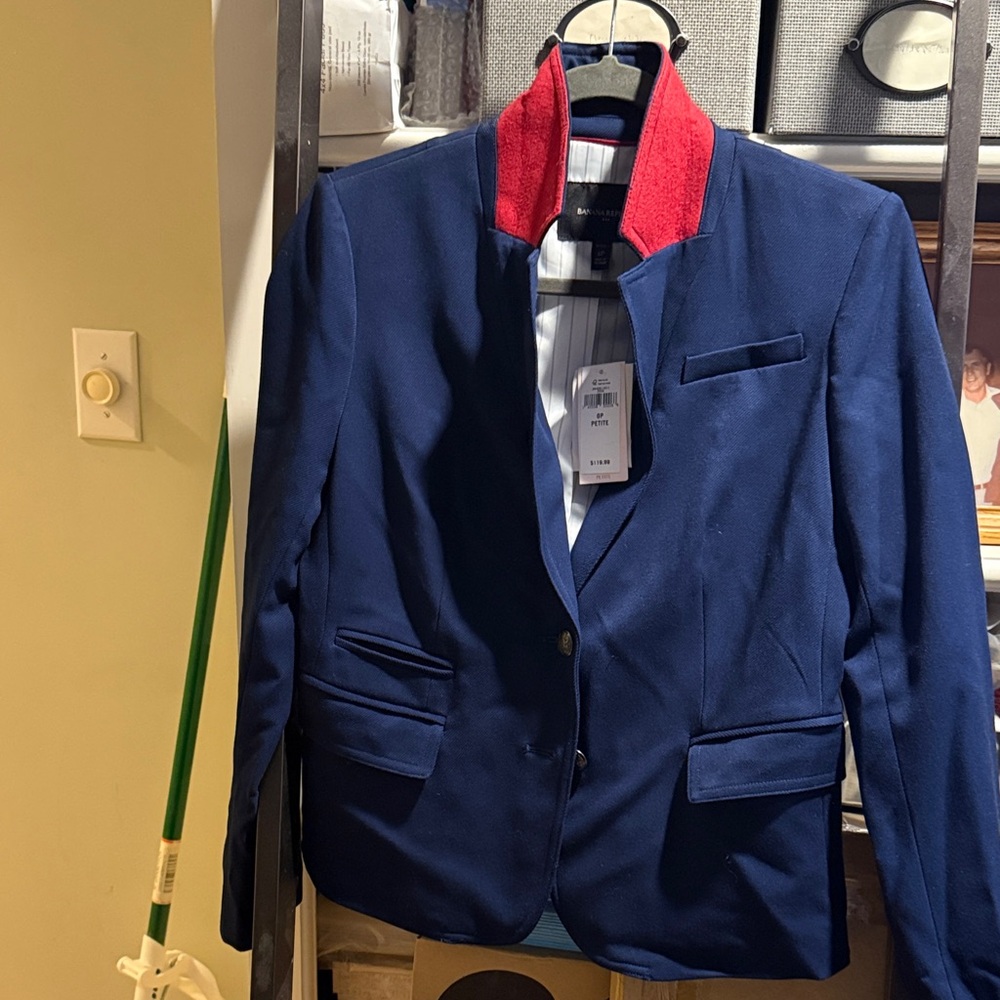 Classic Navy Blazer with Red Contrast Collar - Banana Republic